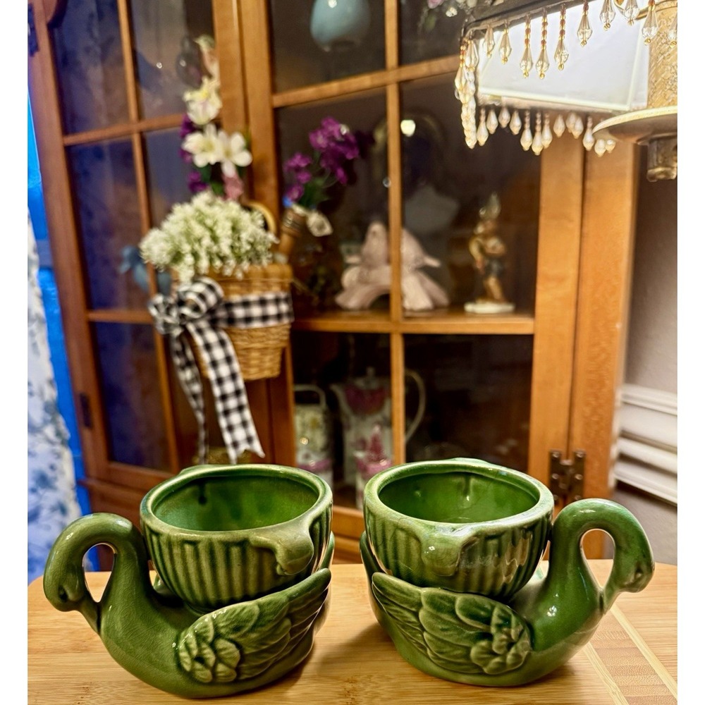 Vintage Green Ceramic Swan Planters Pair Glazed Pottery Bird Cachepots